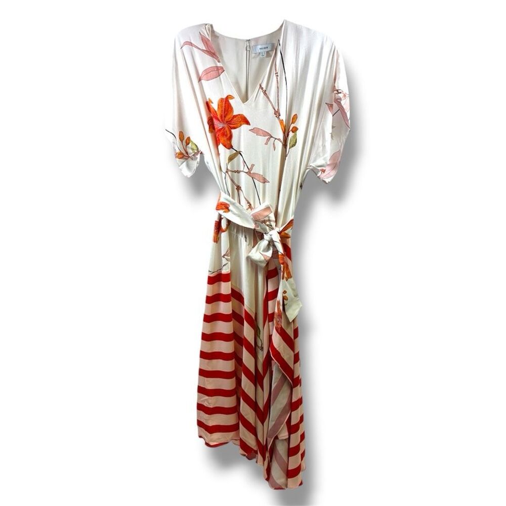 Reiss Alicia Floral Stripe Print Maxi Dress in Cream Red Size 8